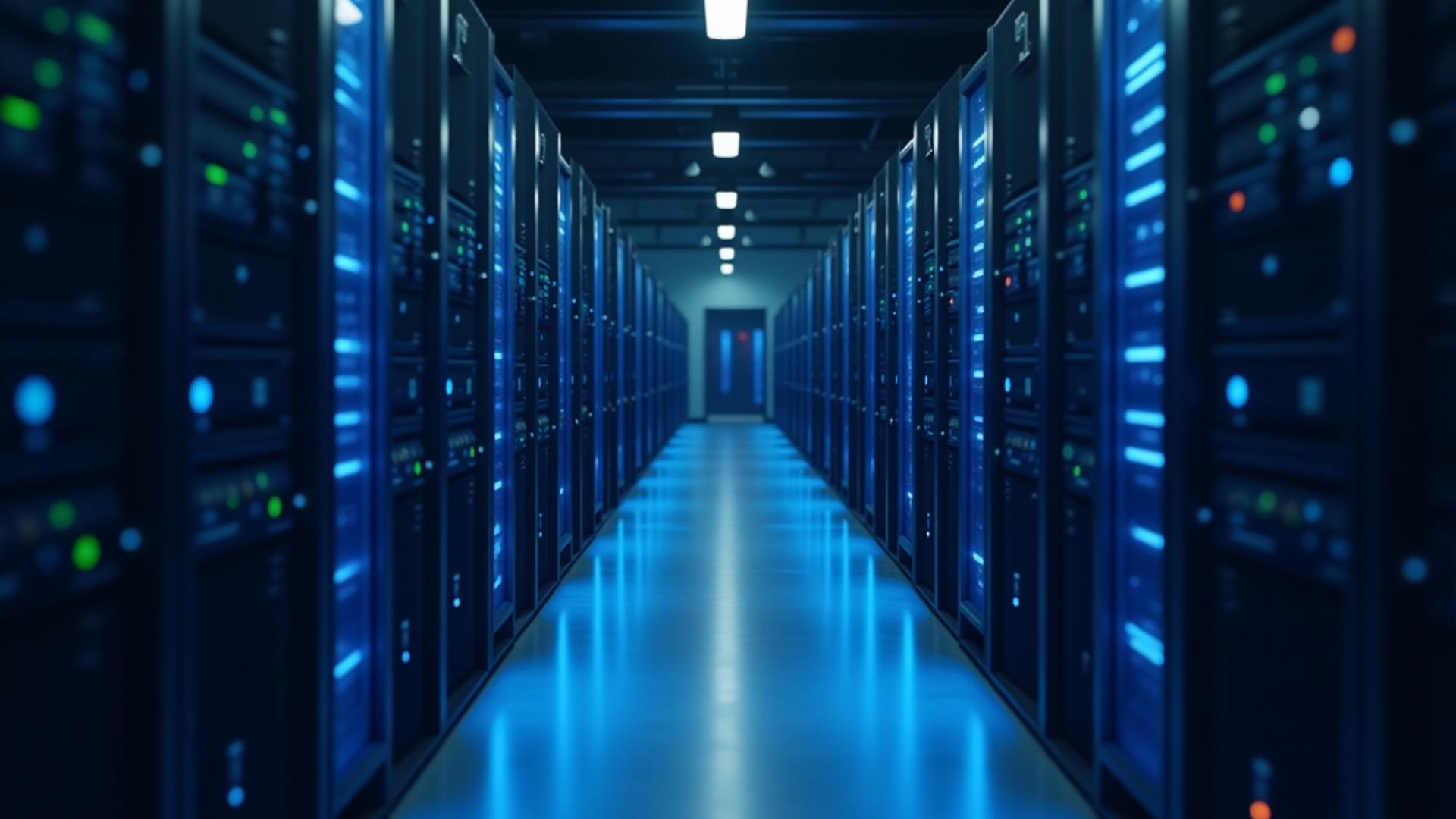 Futuristic high-density cryptocurrency mining facility with blue ambient lighting